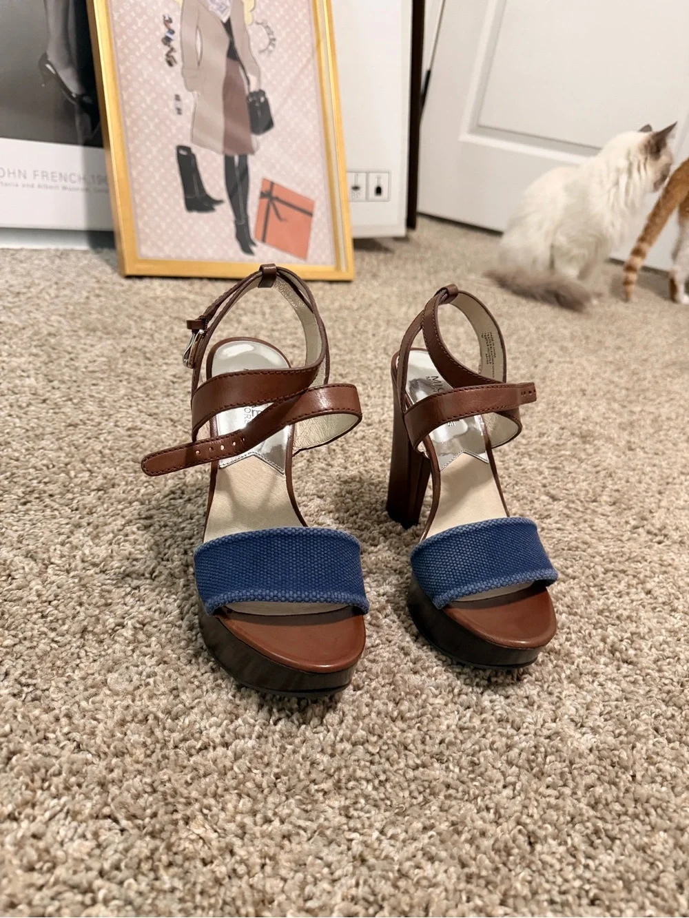 Michael Kors Brown Leather Sandal with Navy Front Band
